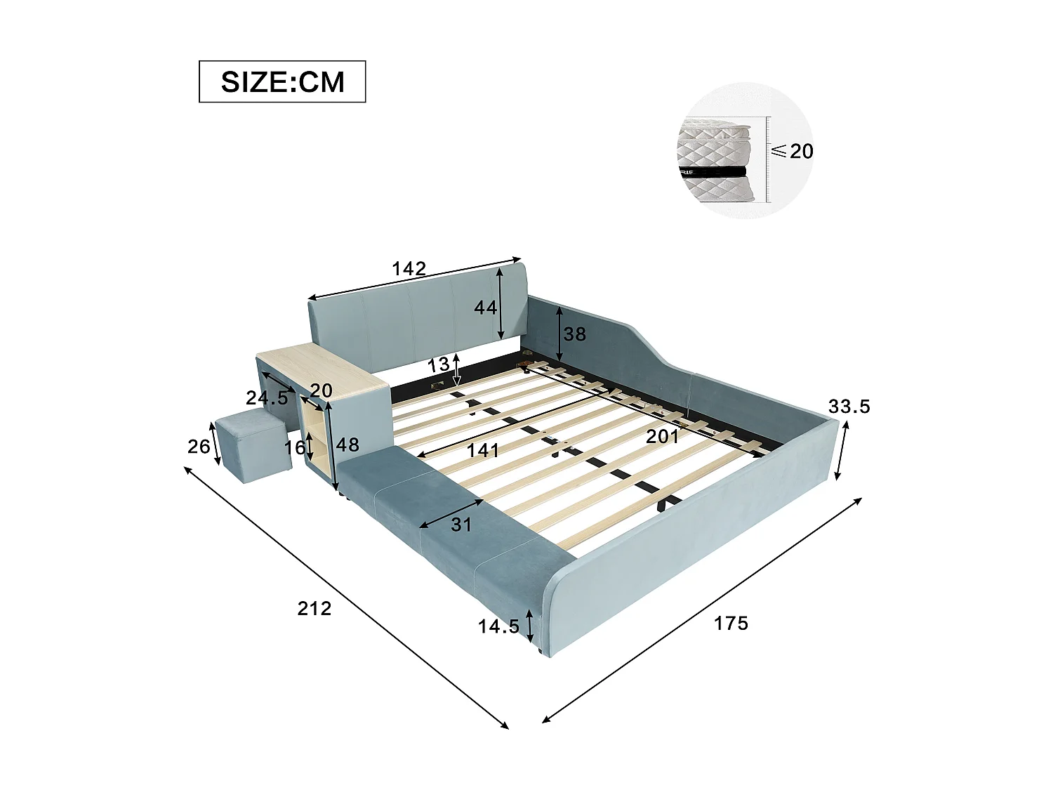 Gepolstertes Kinderbett - 140 x 200 cm - mit Schreibtisch + Hocker + Ablage - weiches Kopfteil - Samt - blau