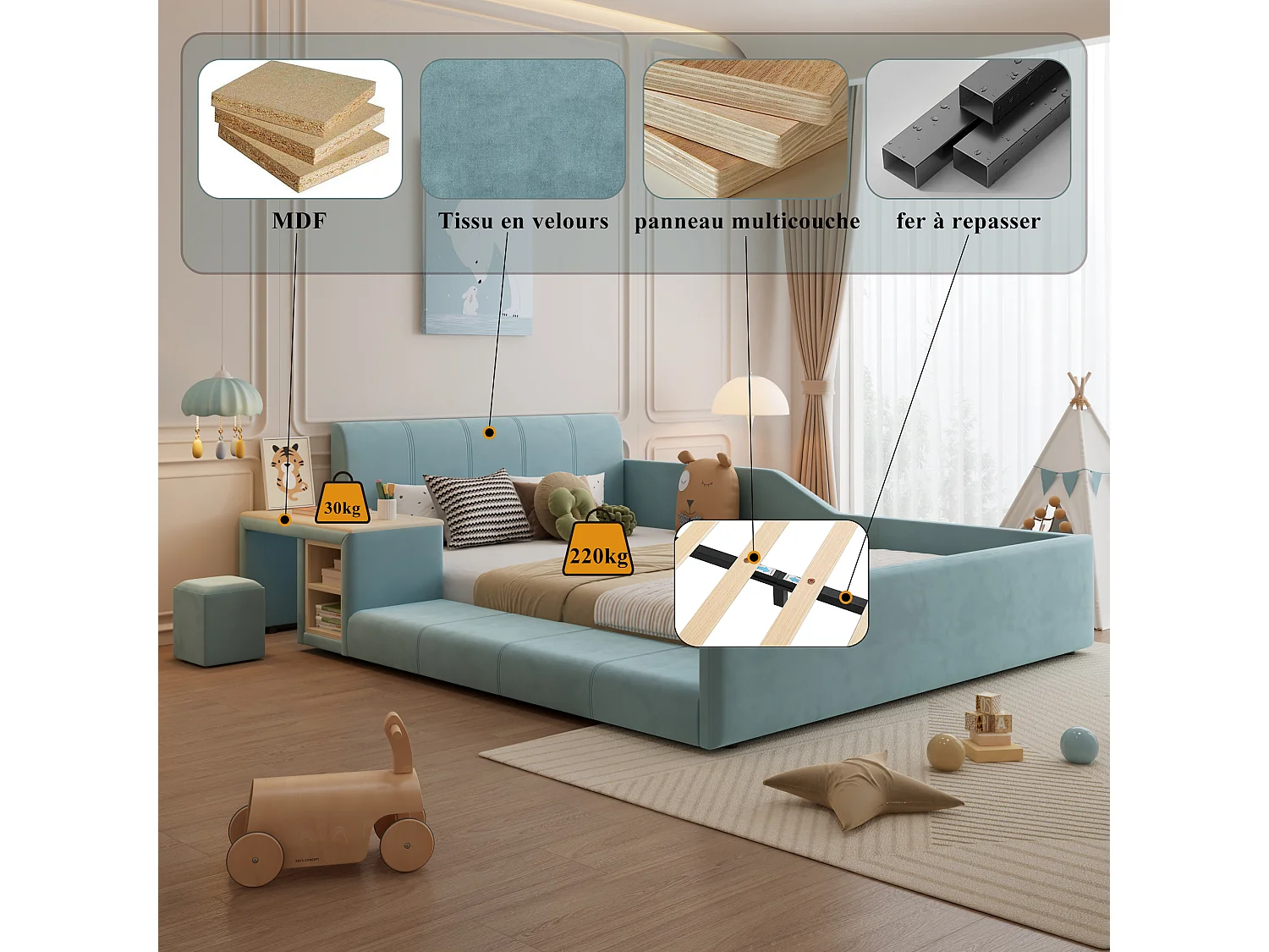 Gepolstertes Kinderbett - 140 x 200 cm - mit Schreibtisch + Hocker + Ablage - weiches Kopfteil - Samt - blau