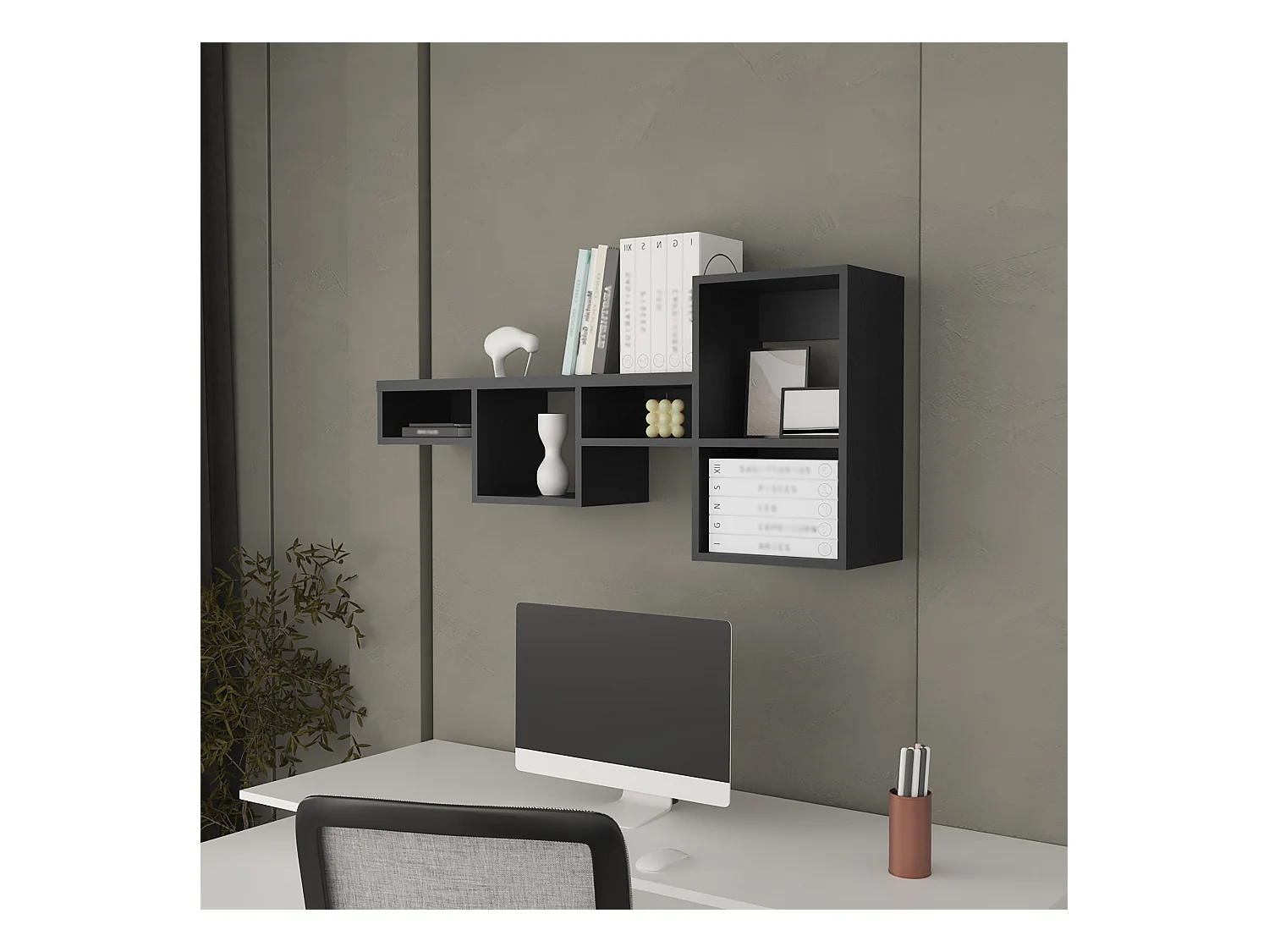 TUHOME Unidad de Estantería de Pared Globe con 5 Estantes, Negro