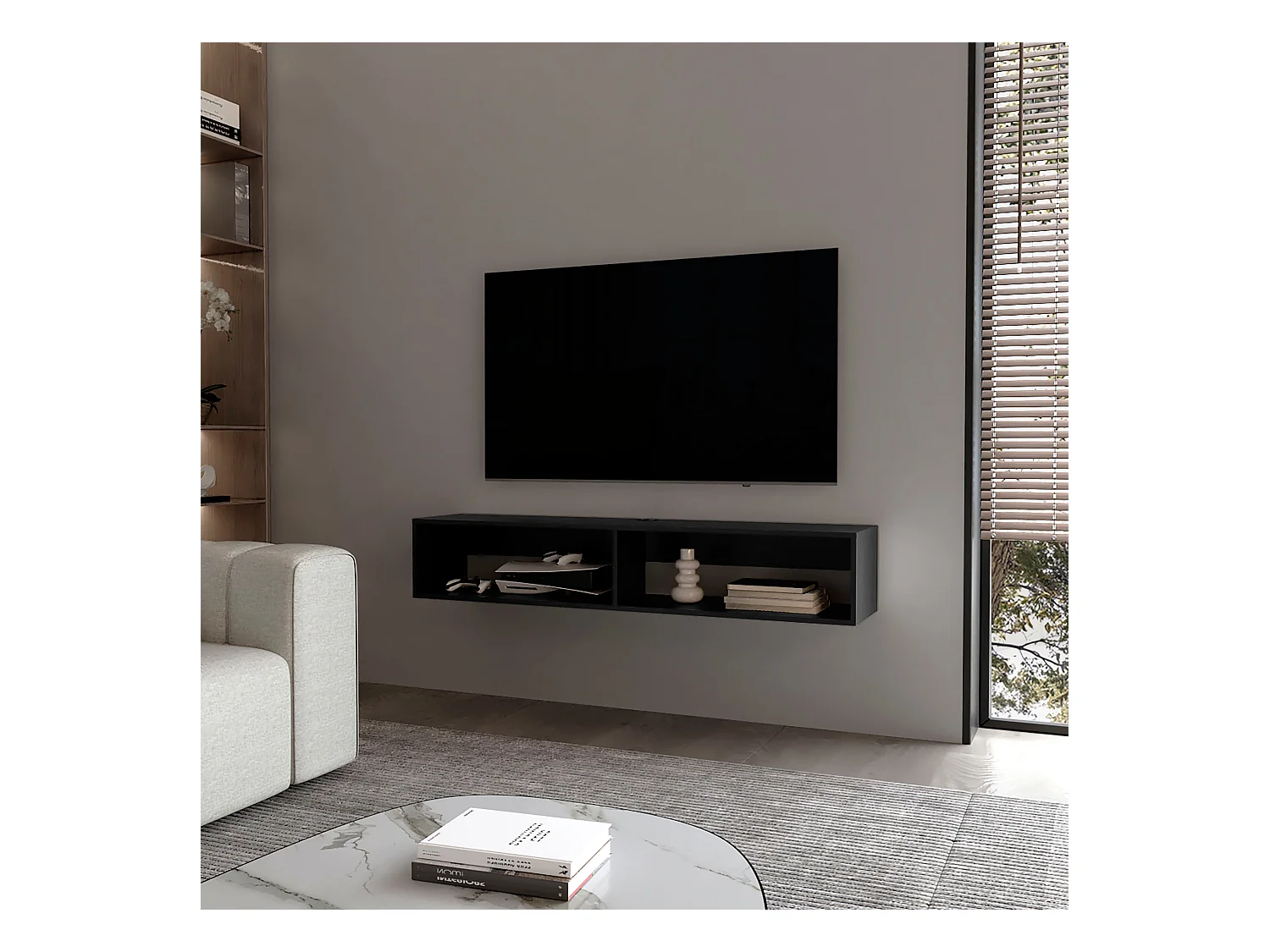 TUHOME Estante Flotante Central para Medios en Melamina con Dos Estantes, Negro