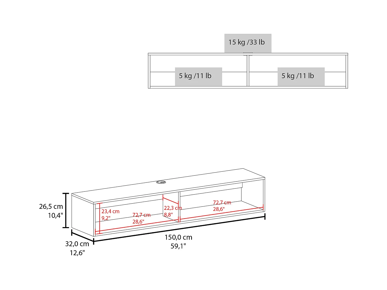 TUHOME Estante Flotante Central para Medios en Melamina con Dos Estantes, Negro