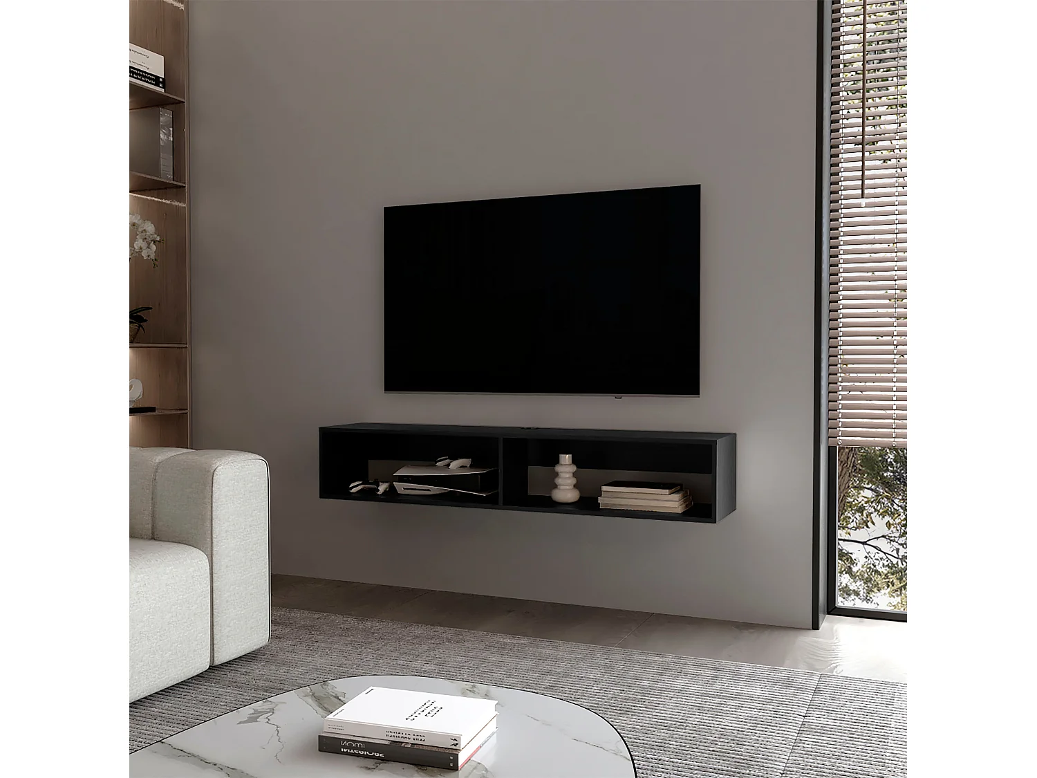 Prateleira Flutuante Central para Mídia em Melamina com Duas Prateleiras, Preta