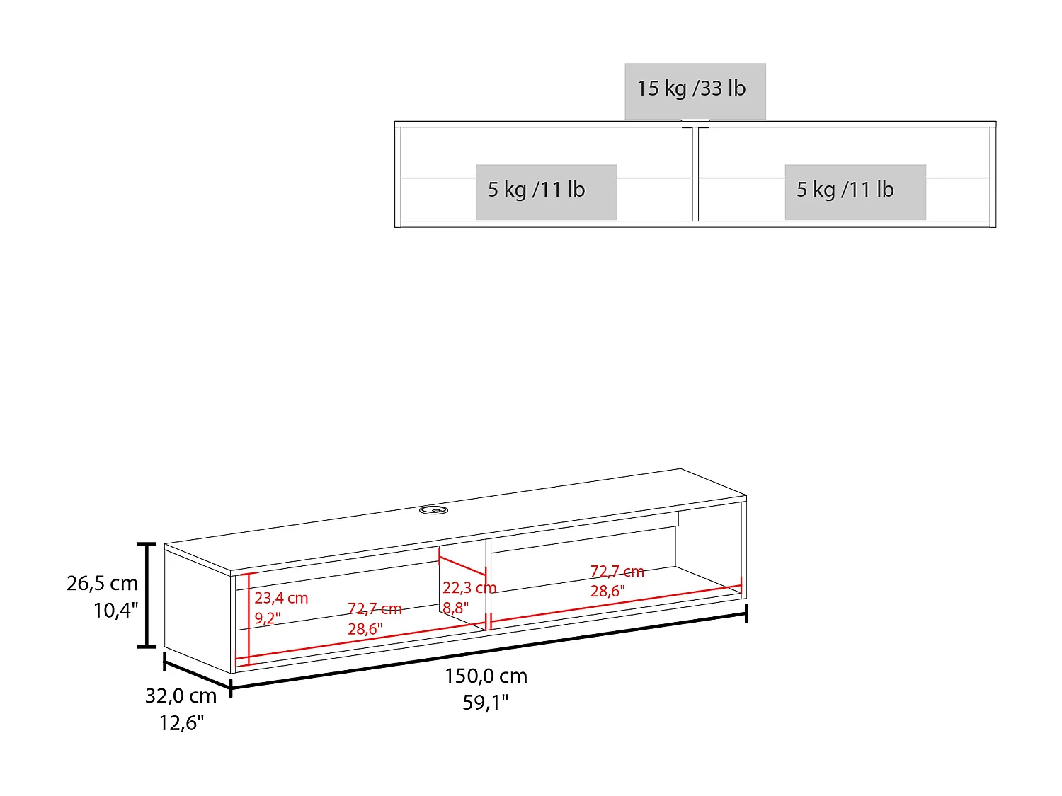 Prateleira Flutuante Central para Mídia em Melamina com Duas Prateleiras, Preta