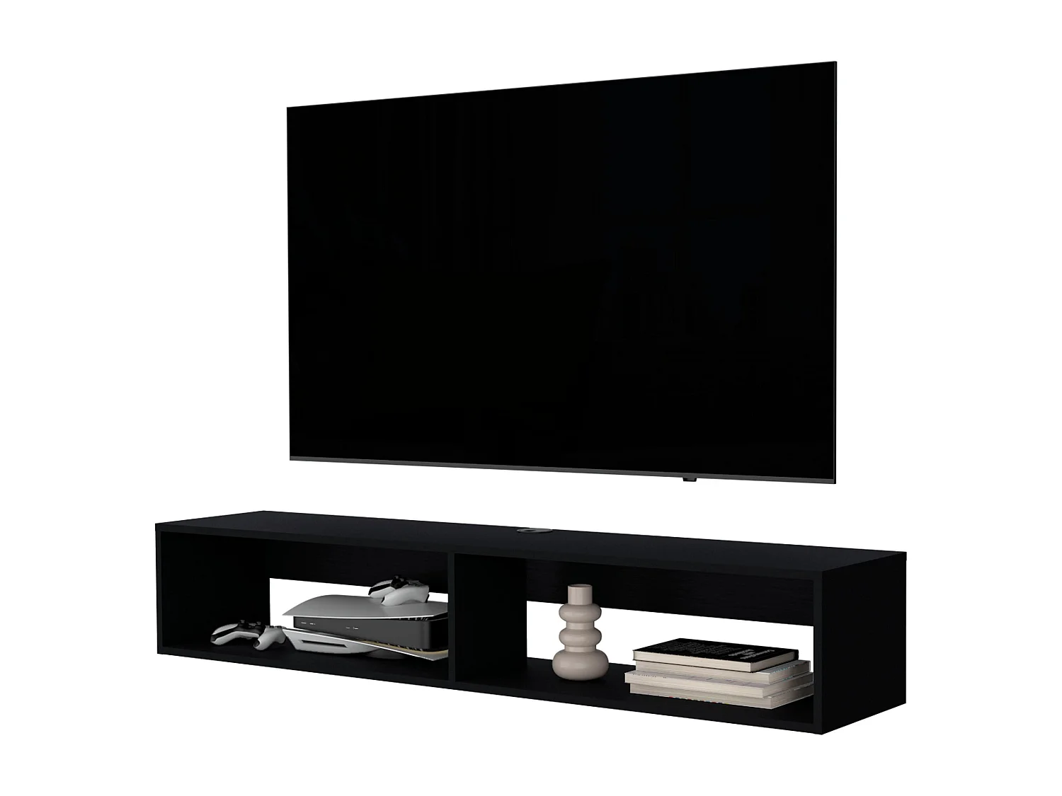 Prateleira Flutuante Central para Mídia em Melamina com Duas Prateleiras, Preta