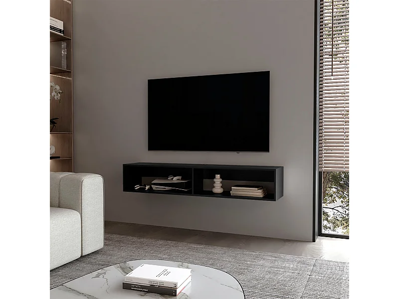 TUHOME Meuble Multimédia Flottant Central en Mélamine avec Deux Rayons, Noir