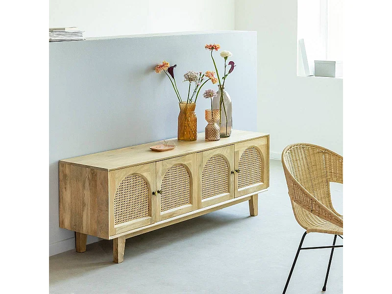 Meuble TV en bois de manguier et cannage Edana