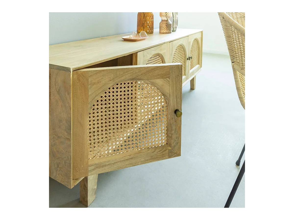 Meuble TV en bois de manguier et cannage Edana