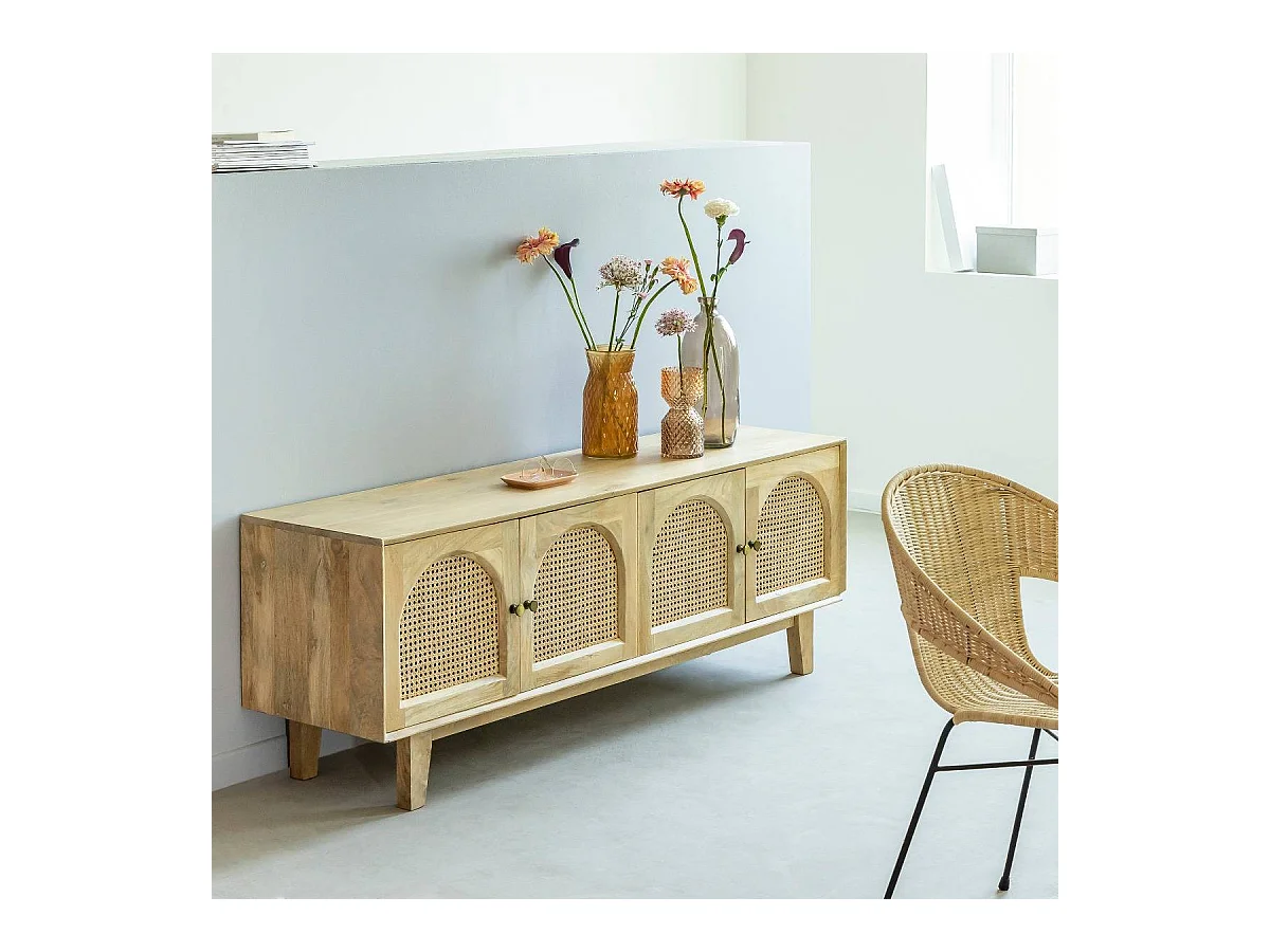 Meuble TV en bois de manguier et cannage Edana