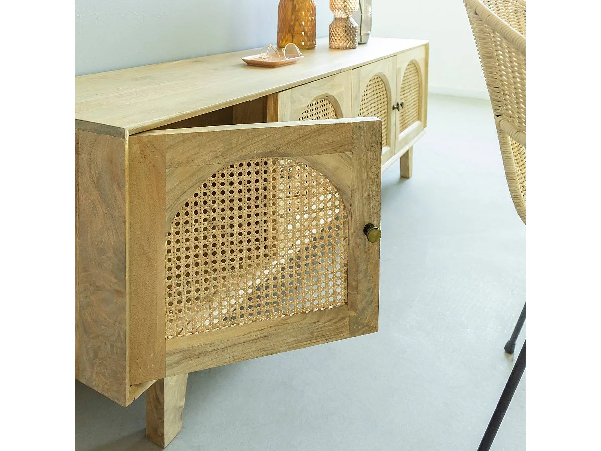 Meuble TV en bois de manguier et cannage Edana