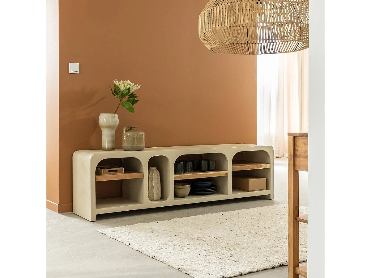 Meuble TV avec étagères en bois effet béton et bois recyclé Dalva