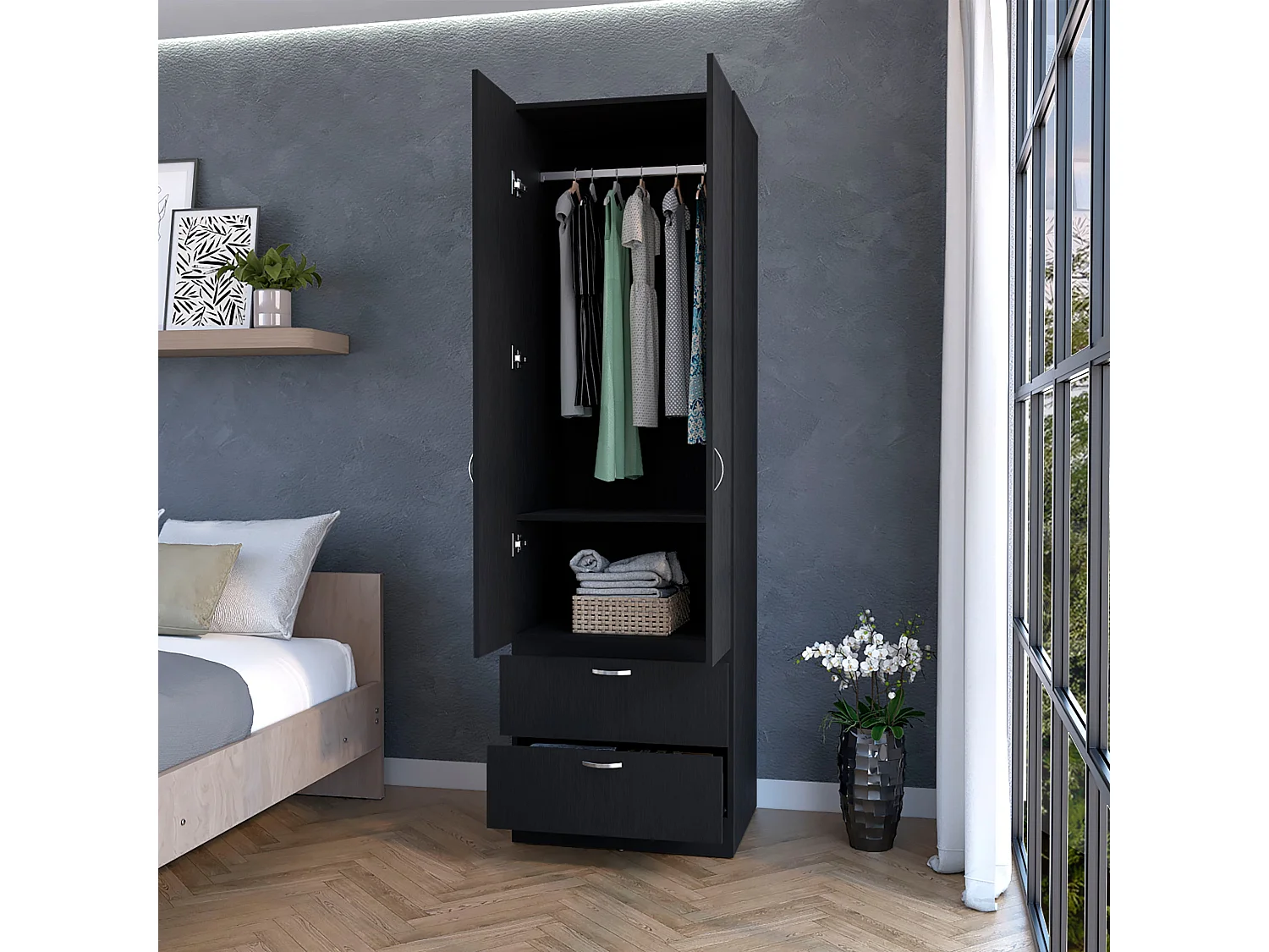 TUHOME Armario alto Mayer en melamina con dos puertas y dos cajones, Negro