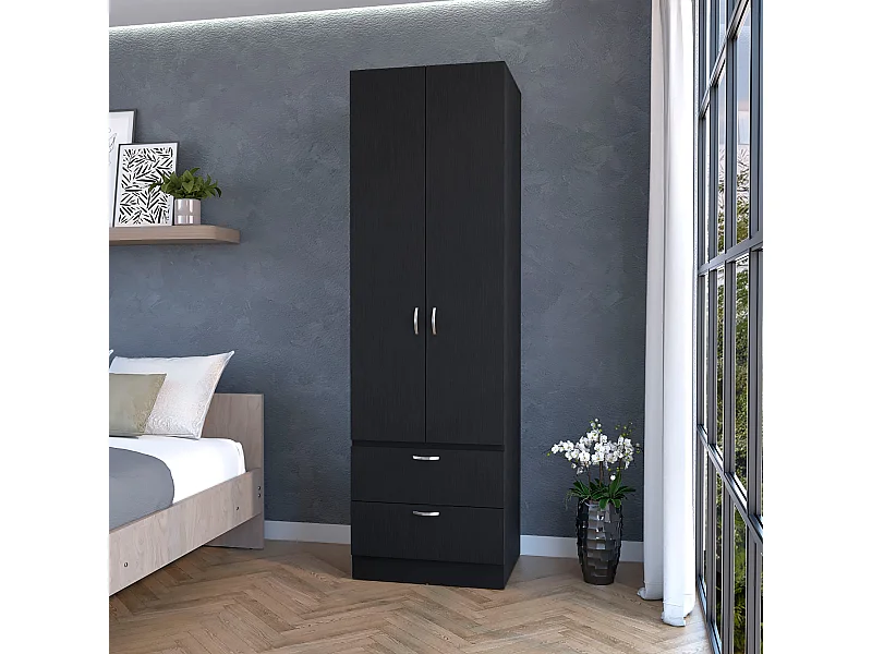 TUHOME Armario alto Mayer en melamina con dos puertas y dos cajones, Negro