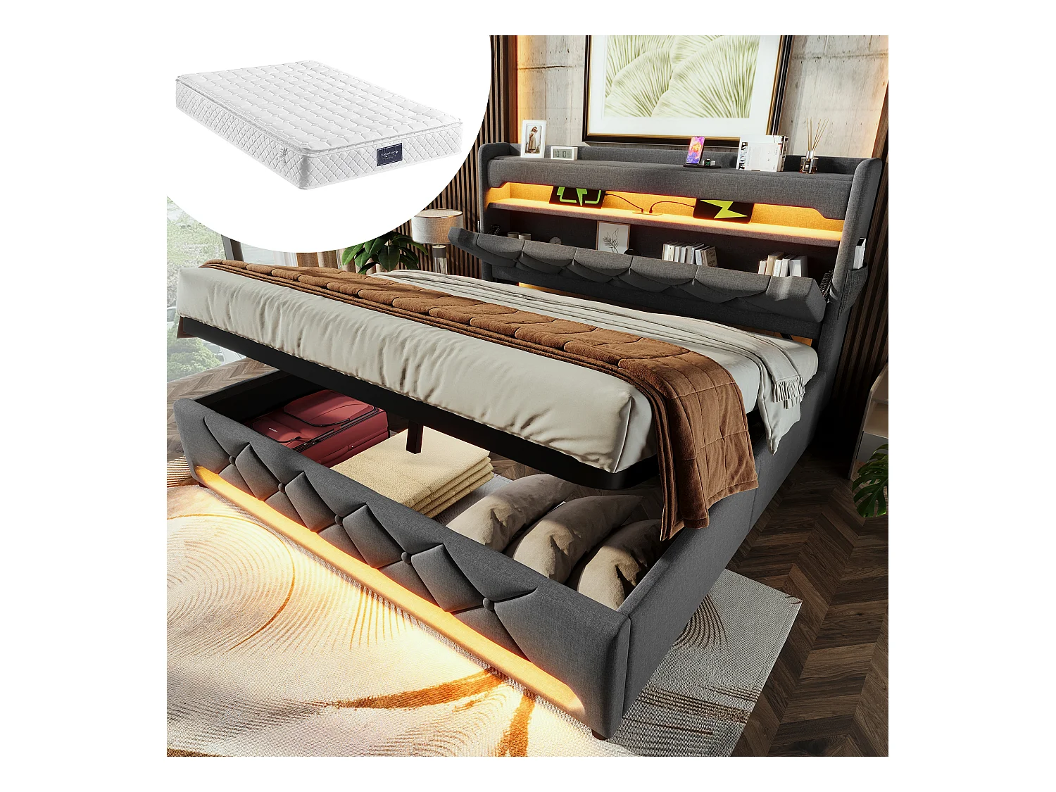 Lit coffre rembourré - 160 x 200 cm - tête de lit avec USB + Type-C + Leds - rangement hydraulique - avec matelas - lin - gris