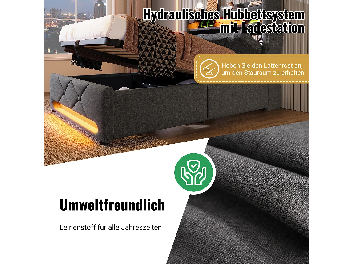 Łóżko tapicerowane ze schowkiem - 160 x 200 cm - zagłówek z USB + Type-C + LED - schowek hydrauliczny - z materacem - len - szary