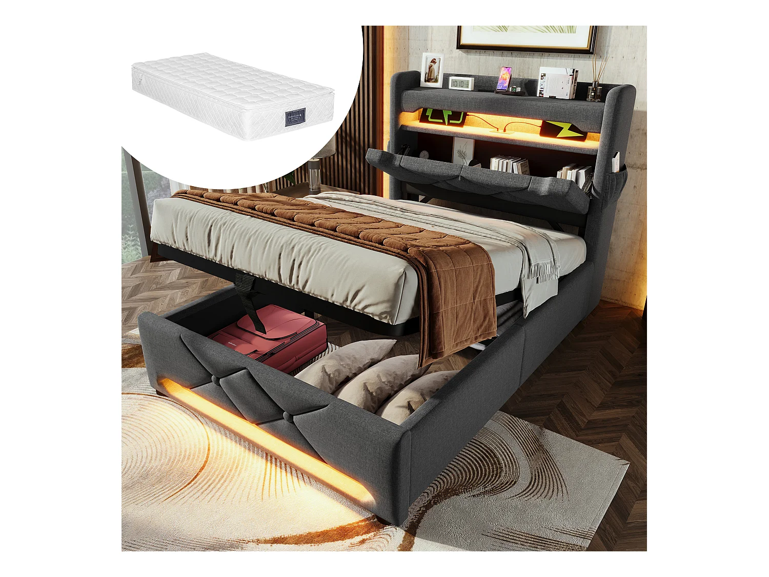 Lit coffre rembourré - 90 x 200 cm - tête de lit avec USB + Type-C + Leds - rangement hydraulique - avec matelas - lin - gris