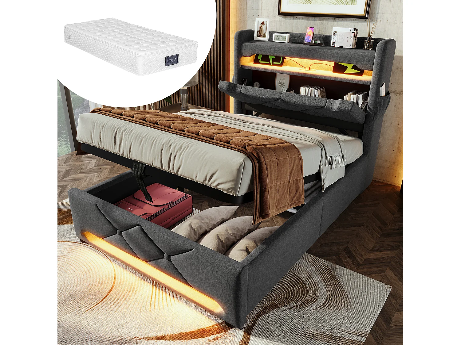 Letto contenitore imbottito - 90 x 200 cm - testiera con USB + Type-C + LED - contenitore idraulico - con materasso - lino - grigio