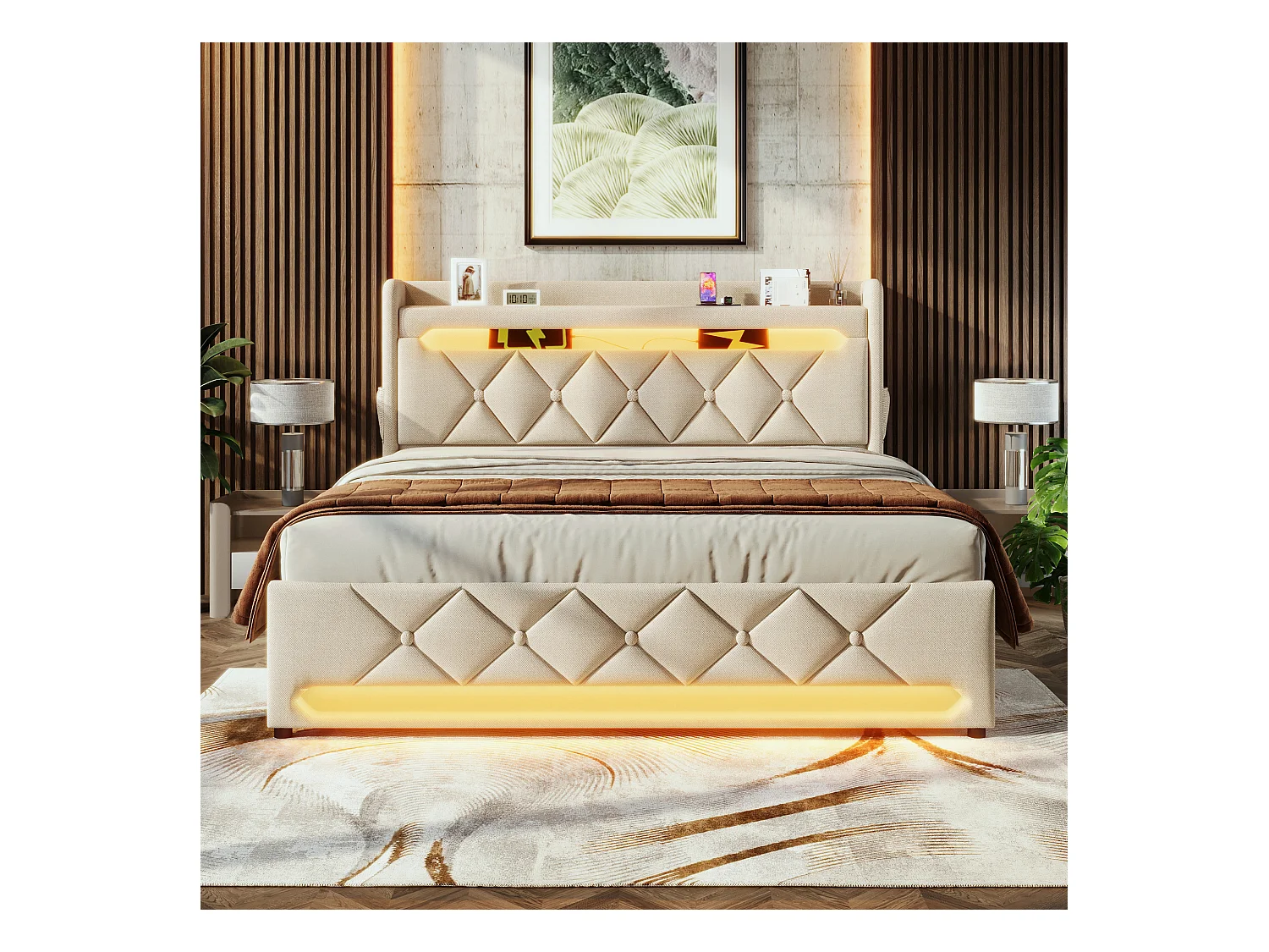 Gestoffeerd opbergbed - 160 x 200 cm - hoofdeinde met USB + Type-C + LED's - hydraulische opbergruimte - met matras - linnen - beige