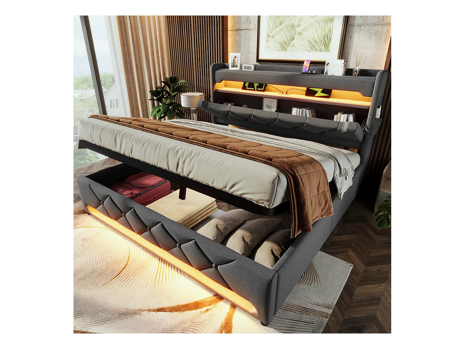 Lit coffre rembourré - 140 x 200 cm - tête de lit avec USB + Type-C + Leds - rangement hydraulique - avec matelas - lin - gris