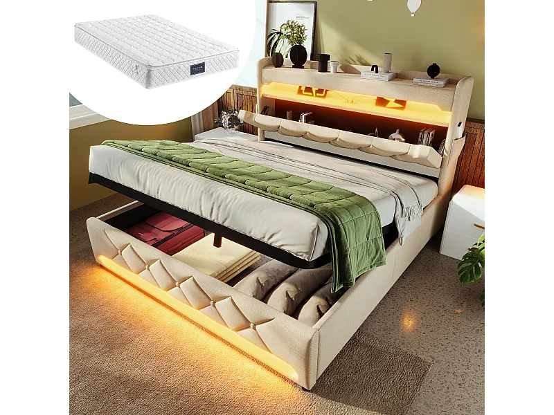 Lit coffre rembourré - 140 x 200 cm - tête de lit avec USB + Type-C + Leds - rangement hydraulique - avec matelas - lin - beige