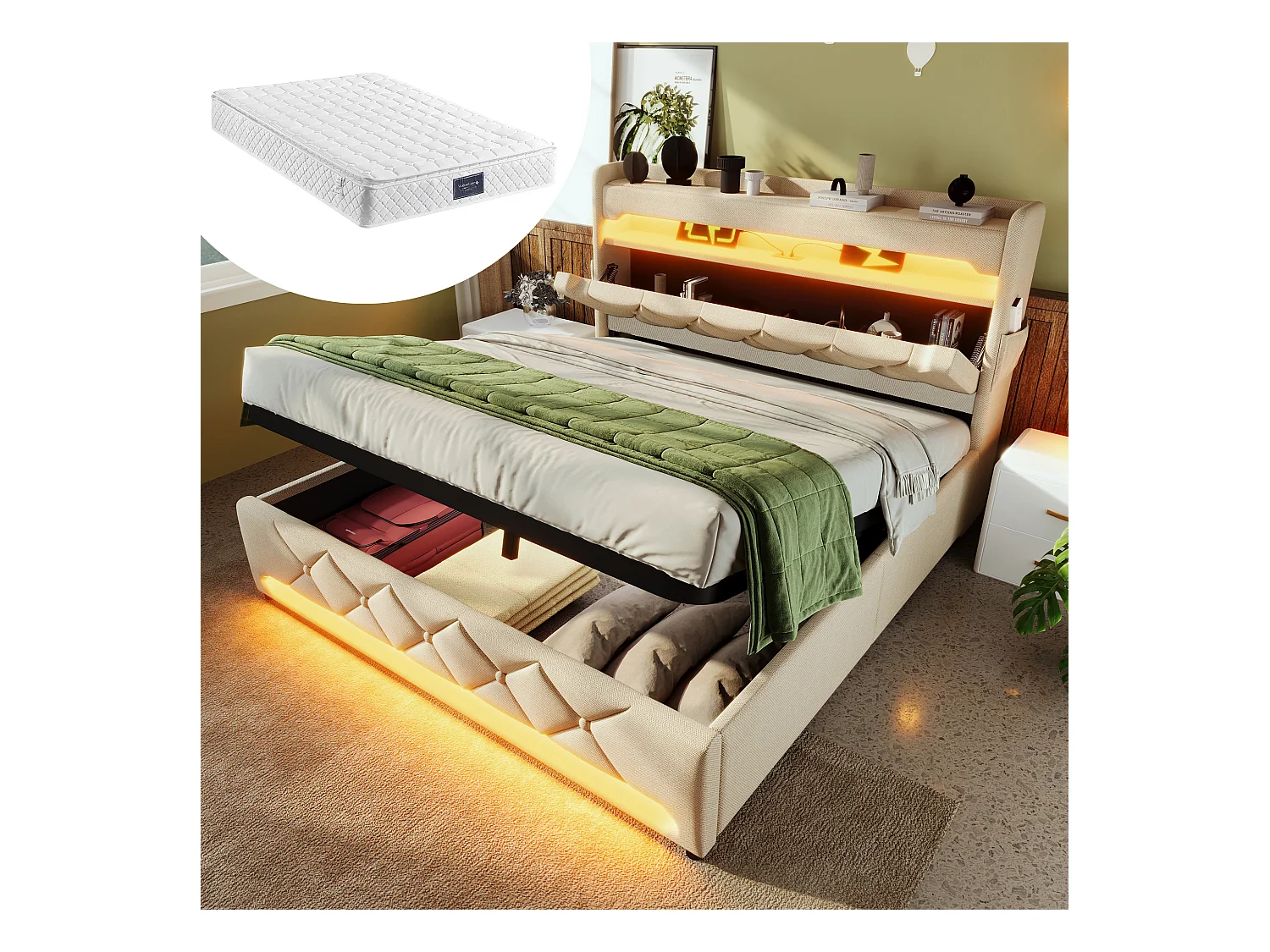 Lit coffre rembourré - 140 x 200 cm - tête de lit avec USB + Type-C + Leds - rangement hydraulique - avec matelas - lin - beige