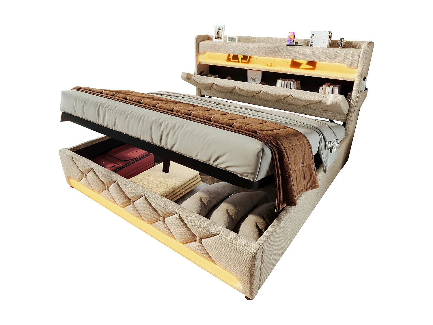 Lit coffre rembourré - 140 x 200 cm - tête de lit avec USB + Type-C + Leds - rangement hydraulique - avec matelas - lin - beige