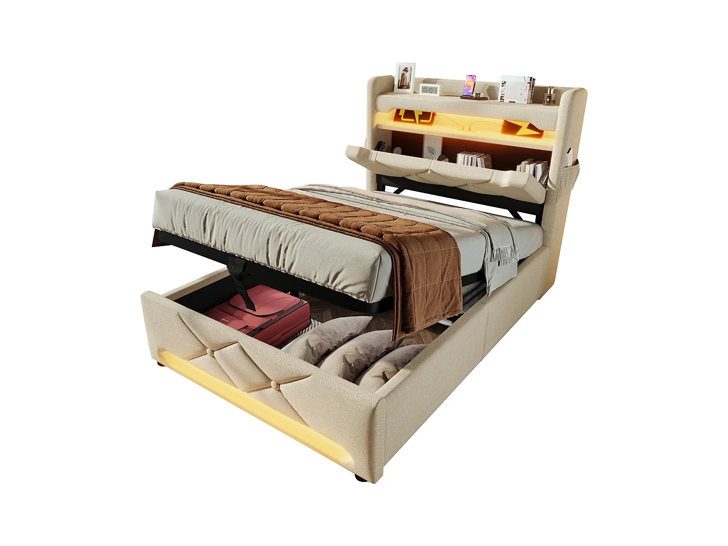 Lit coffre rembourré - 90 x 200 cm - tête de lit avec USB + Type-C + Leds - rangement hydraulique - avec matelas - lin - beige