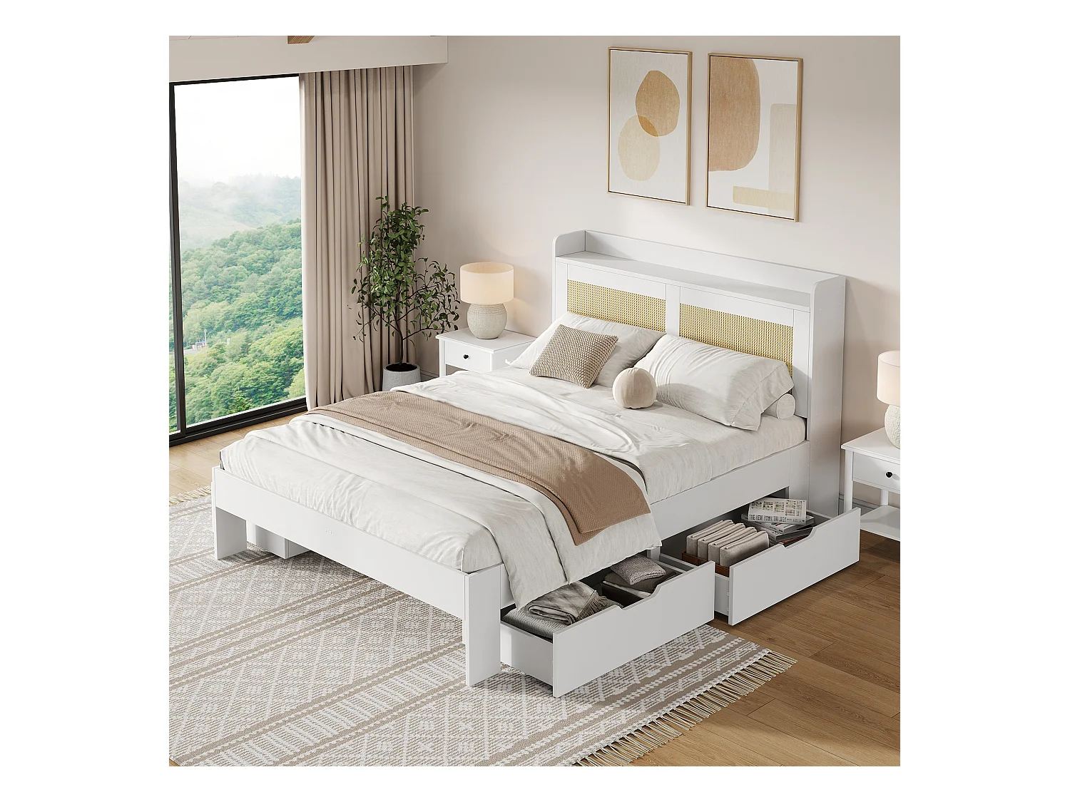 Lit coffre double - 140 x 200cm - avec décor en rotin + 5 tiroirs  - tête de lit - MDF - blanc