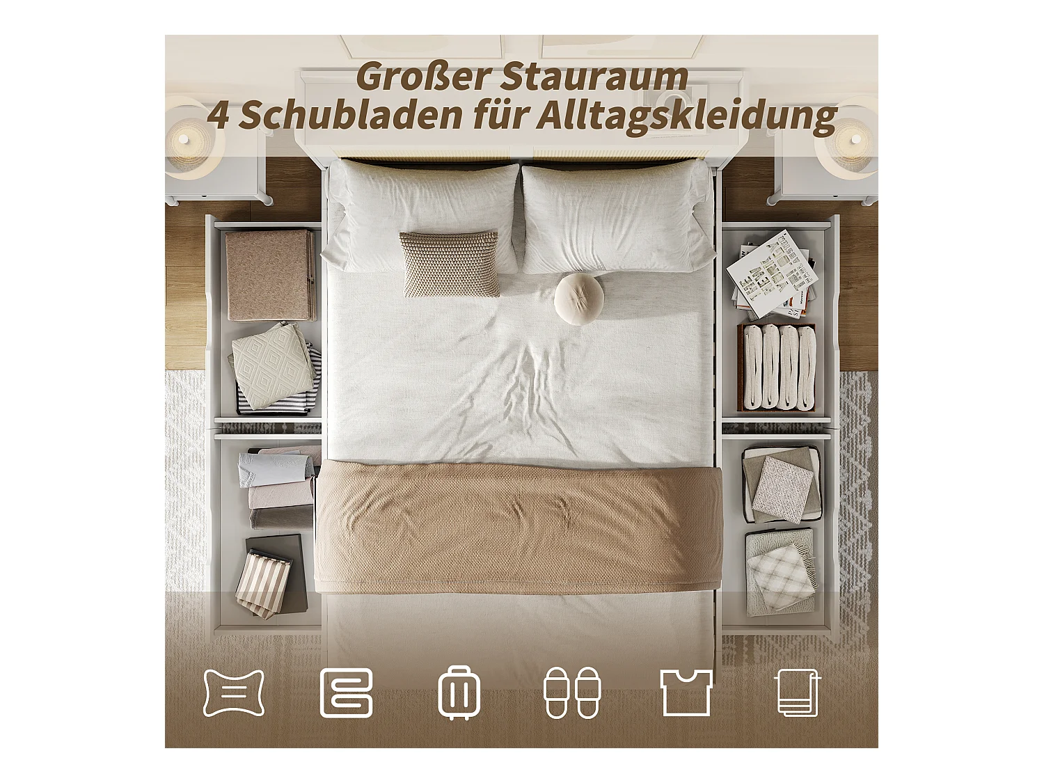 Lit coffre double - 140 x 200cm - avec décor en rotin + 5 tiroirs  - tête de lit - MDF - blanc