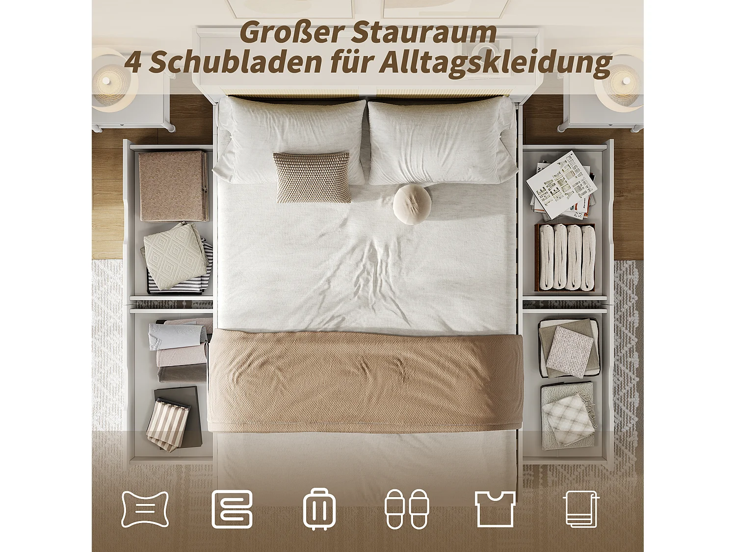 Lit coffre double - 140 x 200cm - avec décor en rotin + 5 tiroirs  - tête de lit - MDF - blanc