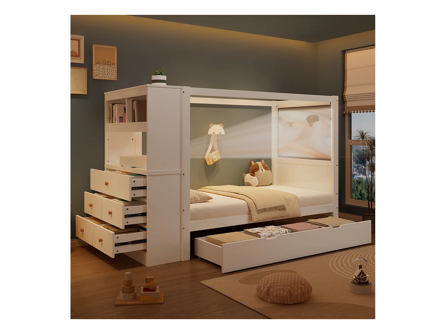 Eenpersoonsbed kinderbed - 90 x 200 cm - met opbergmeubel + 5 lades - grenen + PB - wit + naturel