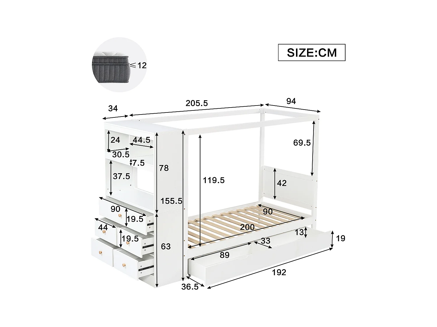 Eenpersoonsbed kinderbed - 90 x 200 cm - met opbergmeubel + 5 lades - grenen + PB - wit + naturel