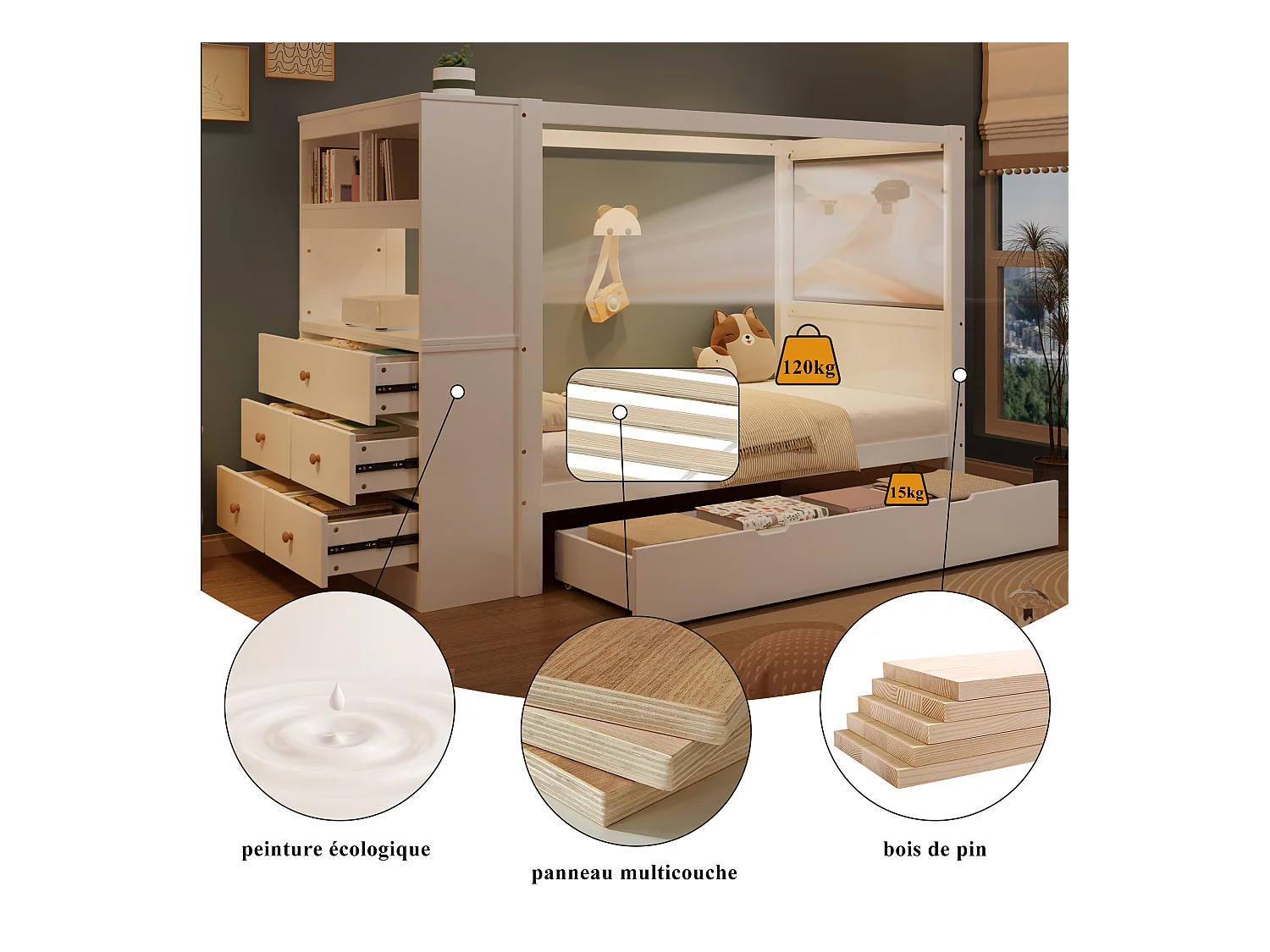 Eenpersoonsbed kinderbed - 90 x 200 cm - met opbergmeubel + 5 lades - grenen + PB - wit + naturel