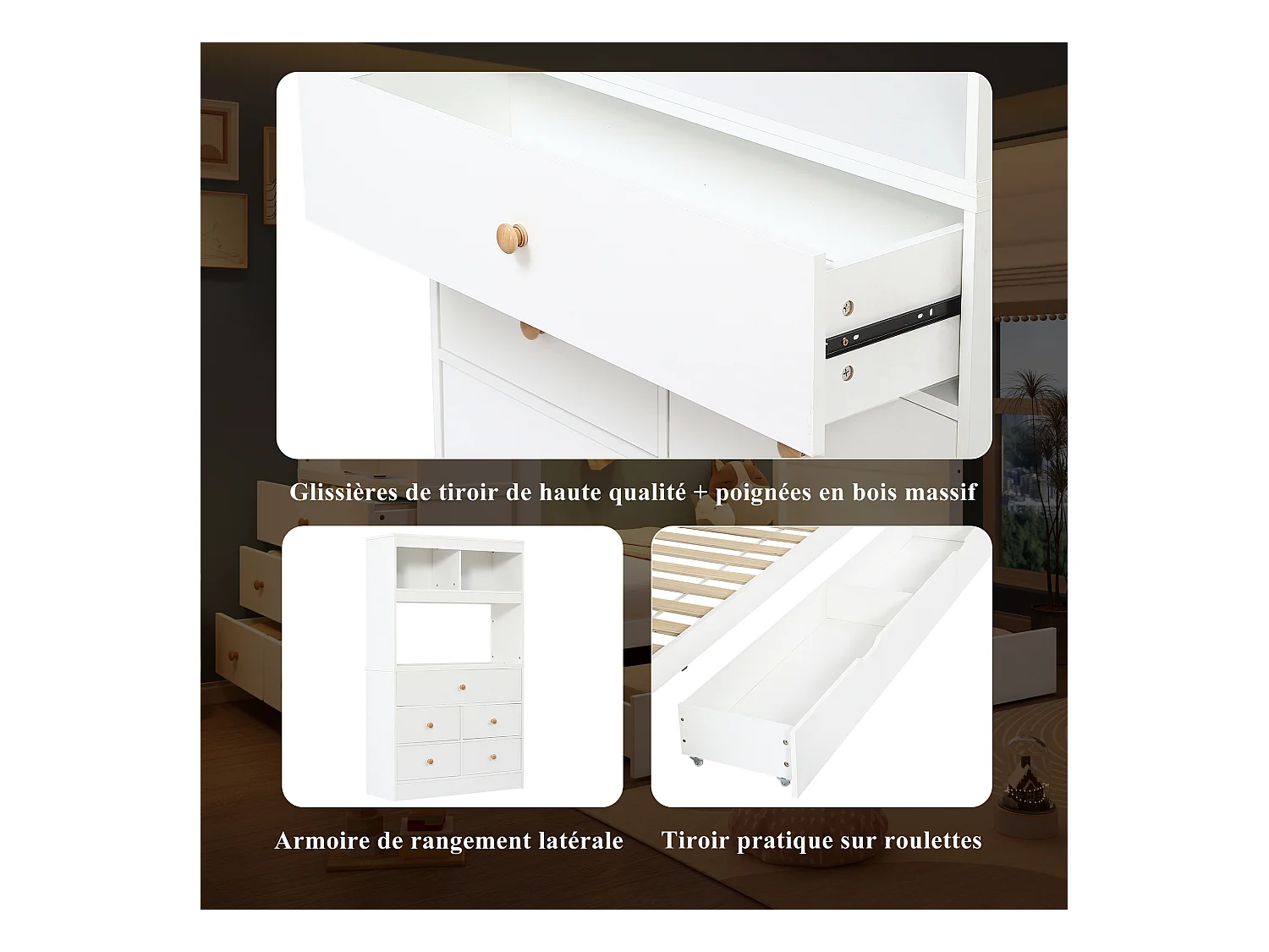 Eenpersoonsbed kinderbed - 90 x 200 cm - met opbergmeubel + 5 lades - grenen + PB - wit + naturel