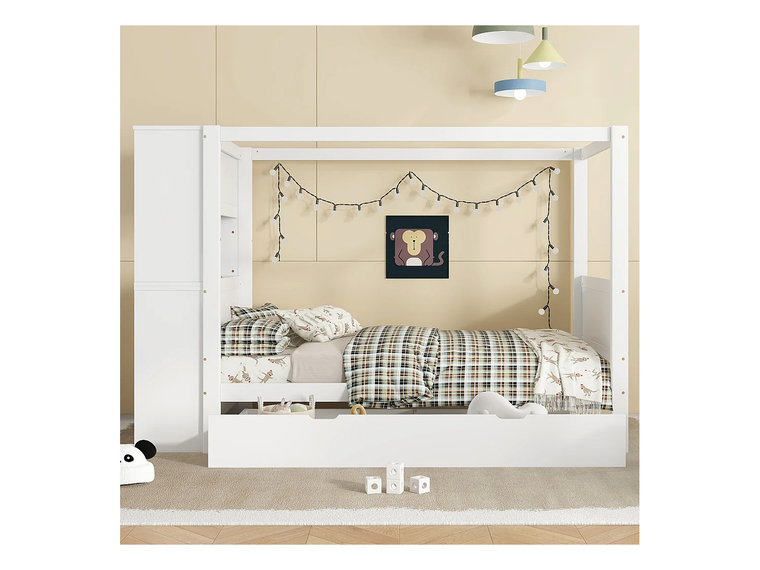 Eenpersoonsbed kinderbed - 90 x 200 cm - met opbergmeubel + 5 lades - grenen + PB - wit + naturel