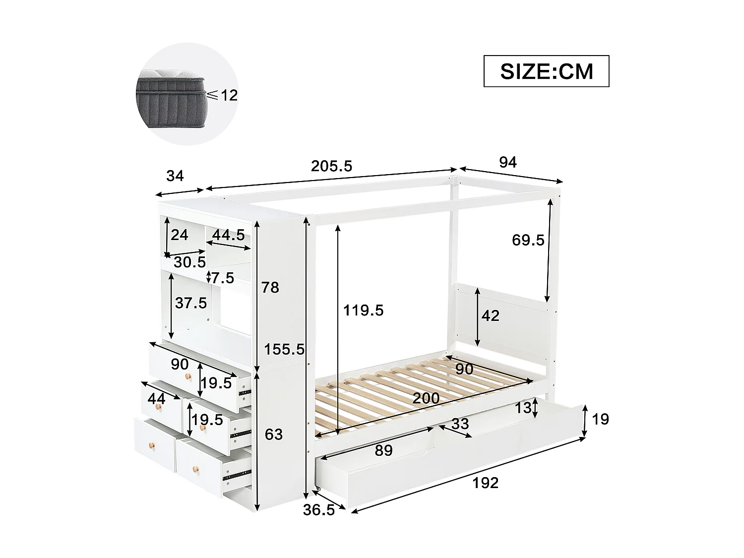 Letto singolo per bambini - 90 x 200 cm - con contenitore + 5 cassetti - pino + PB - bianco + naturale