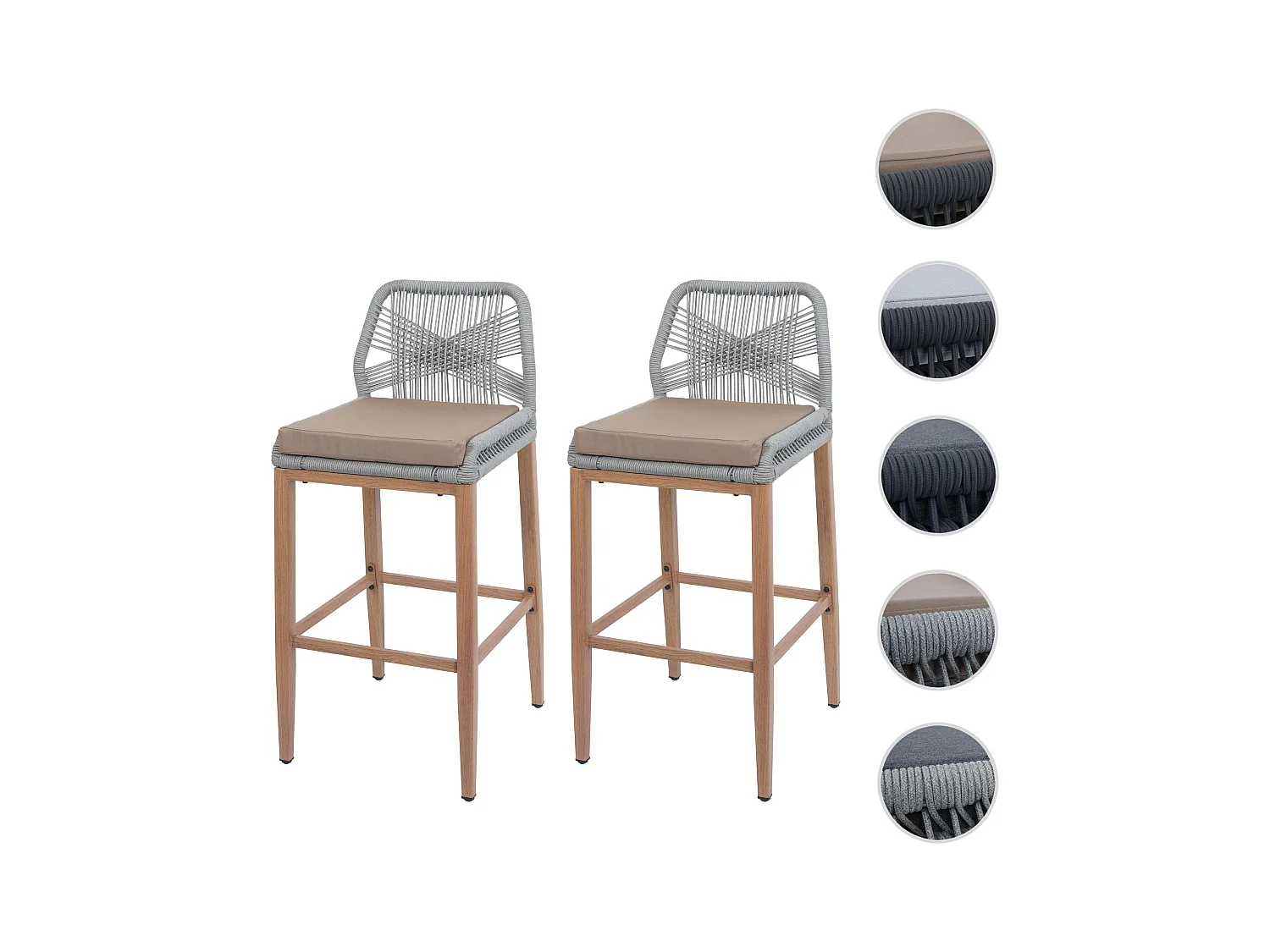 Tabouret de bar MCW-O21 (lot de 2),  gris clair, coussin taupe