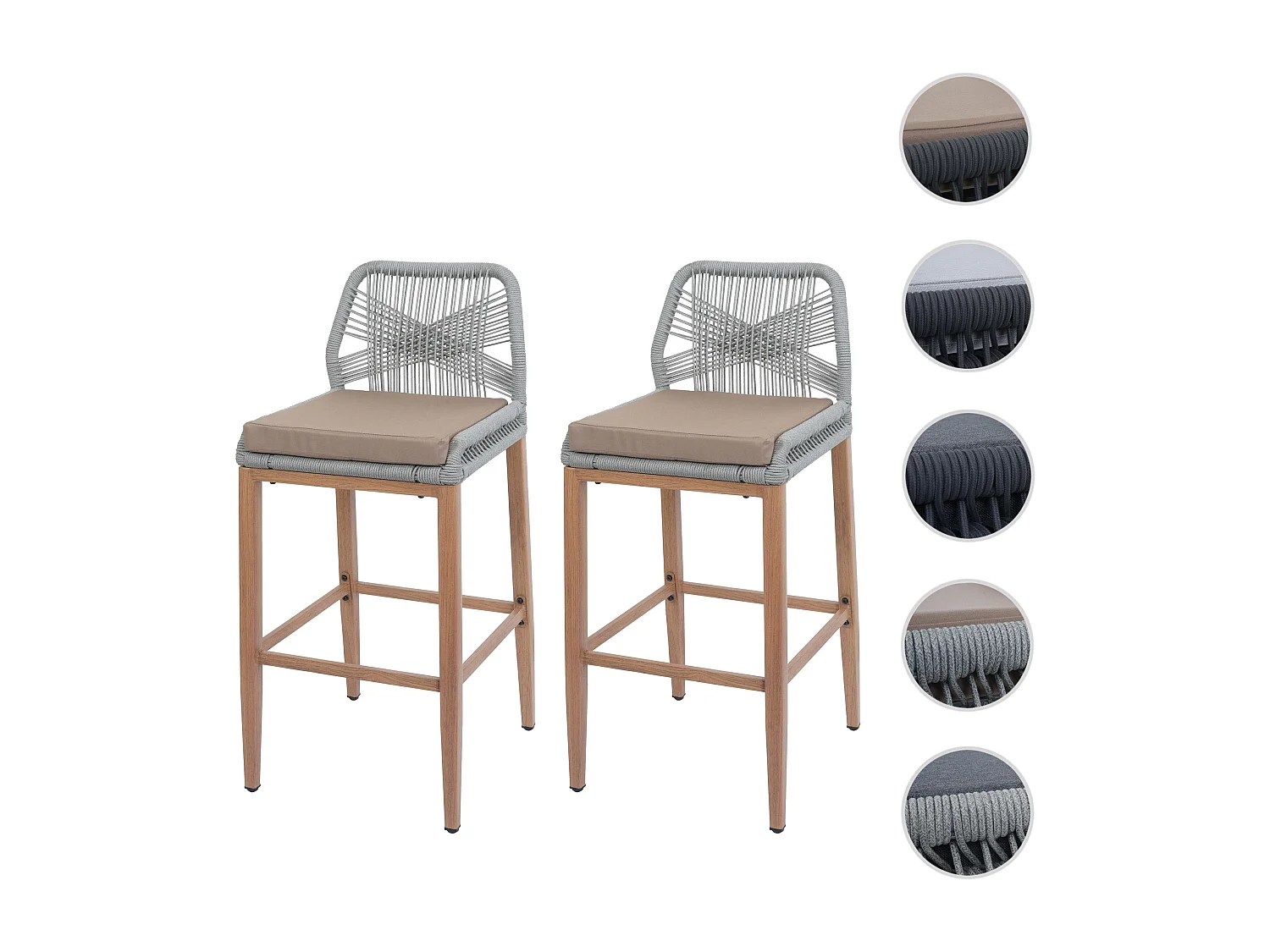 Tabouret de bar MCW-O21 (lot de 2),  gris clair, coussin taupe