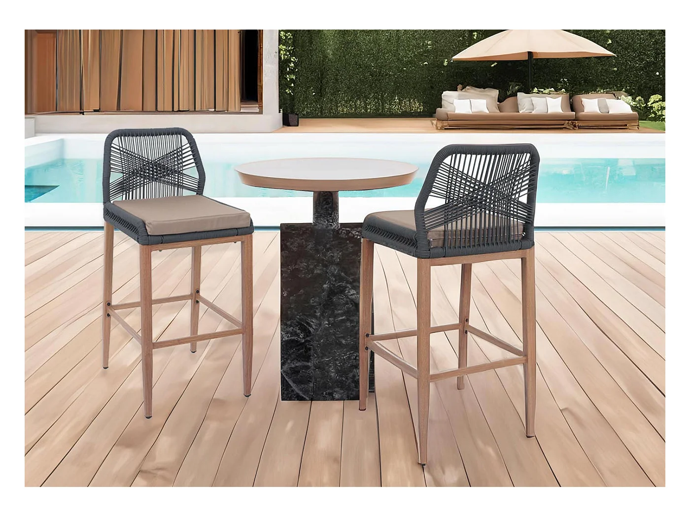 Tabouret de bar MCW-O21 (lot de 2),  anthracite, coussin taupe