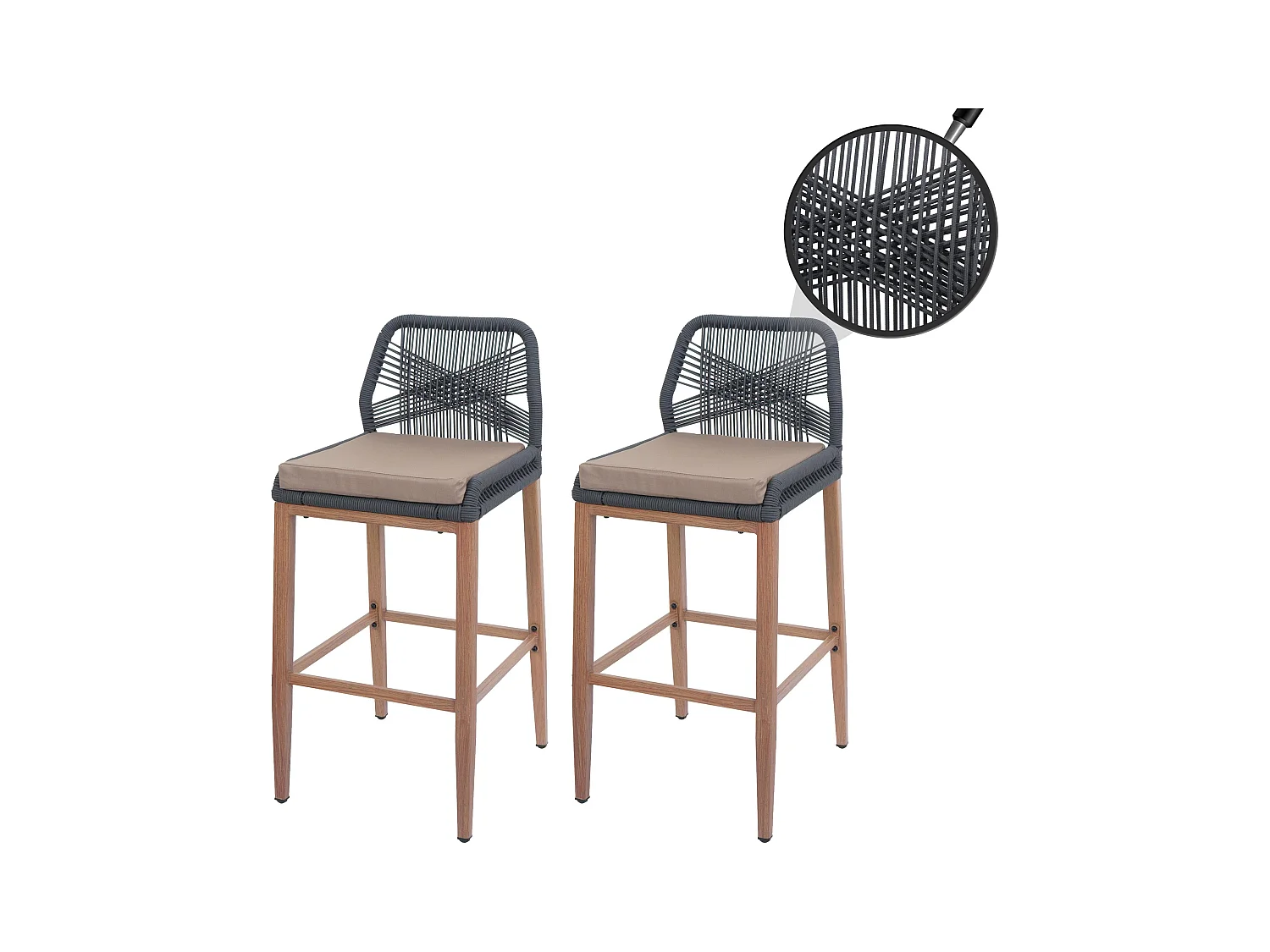 Tabouret de bar MCW-O21 (lot de 2),  anthracite, coussin taupe