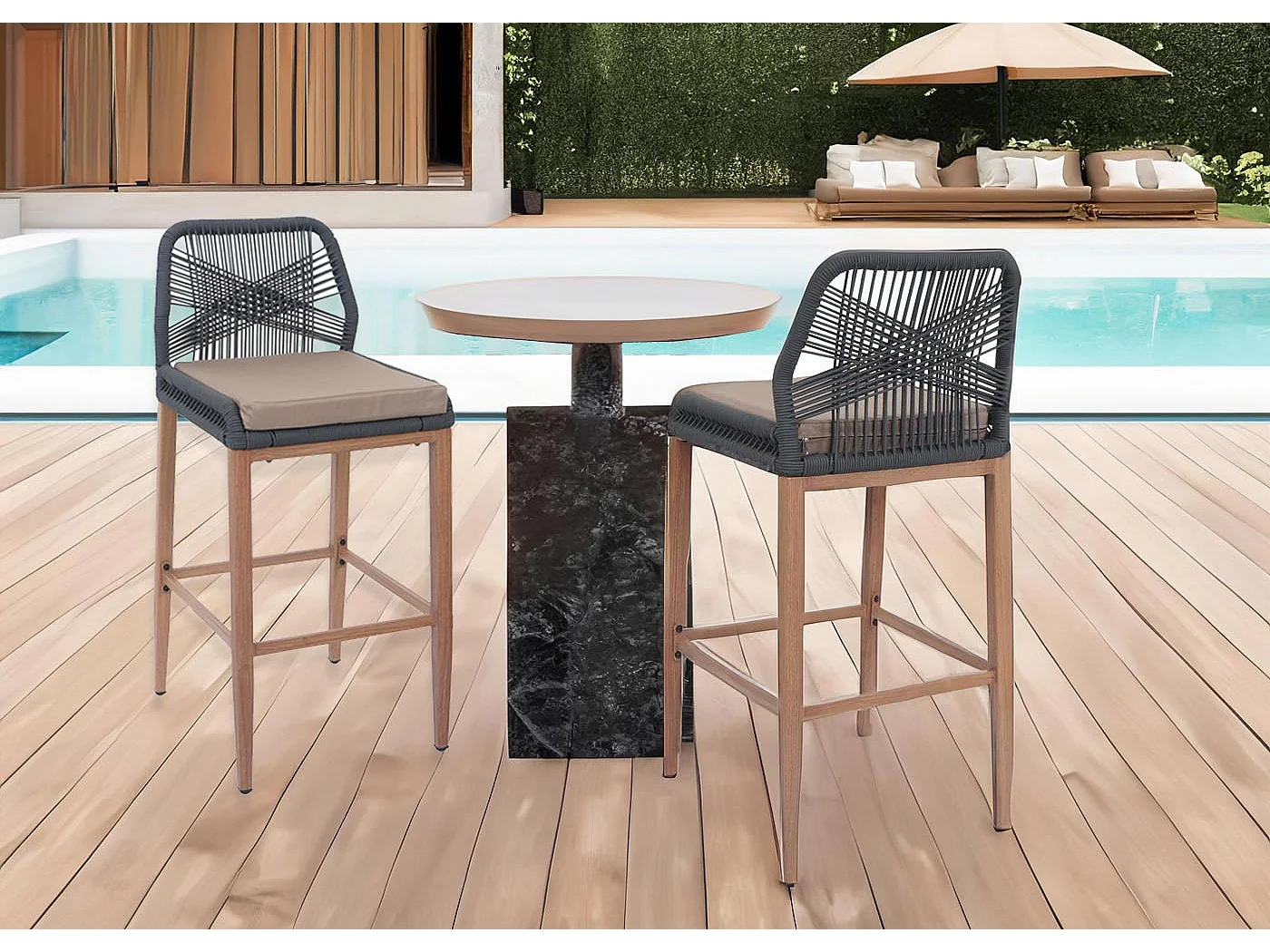 Tabouret de bar MCW-O21 (lot de 2),  anthracite, coussin taupe