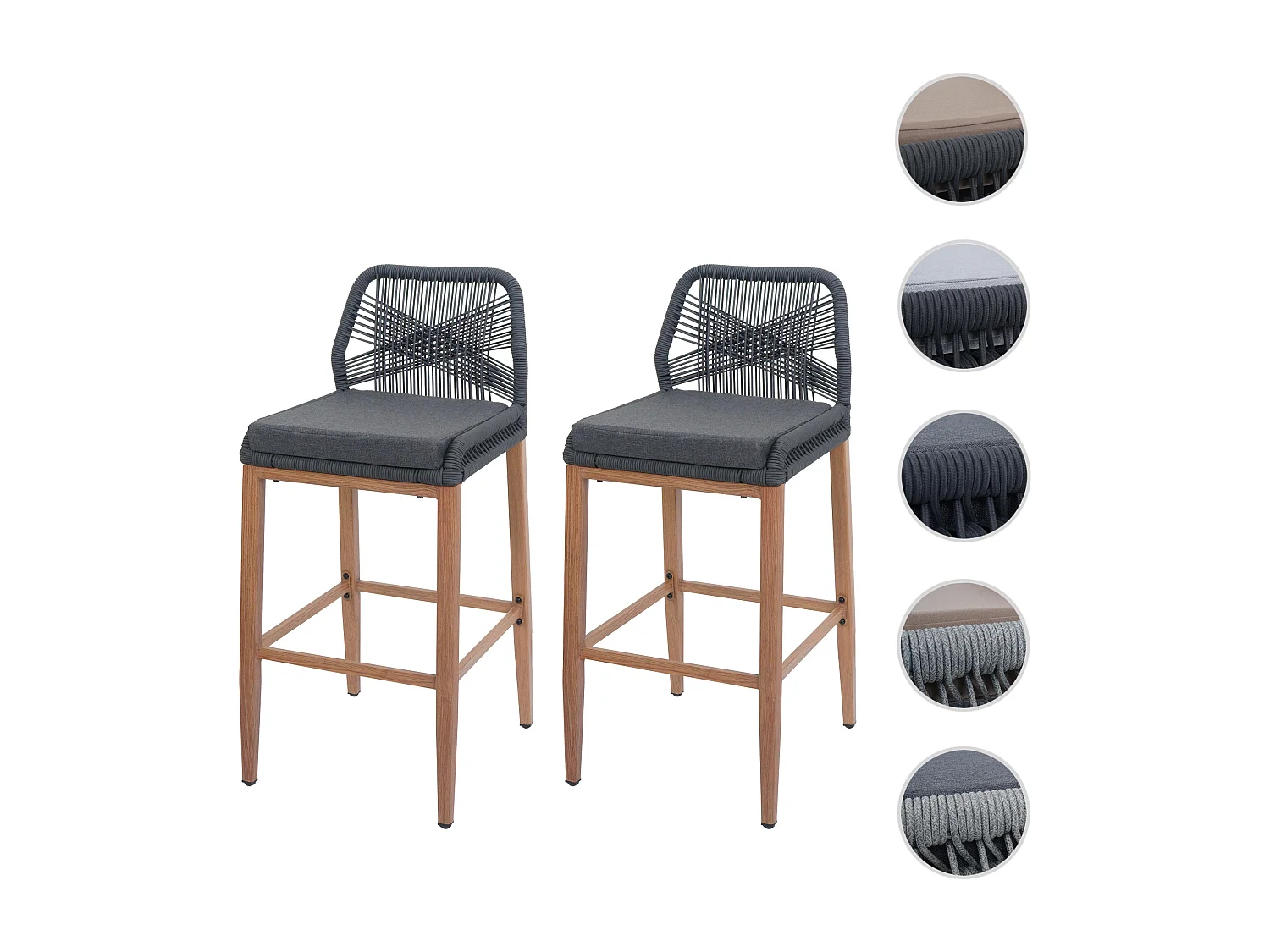 Tabouret de bar MCW-O21 (lot de 2),  anthracite, coussin gris foncé