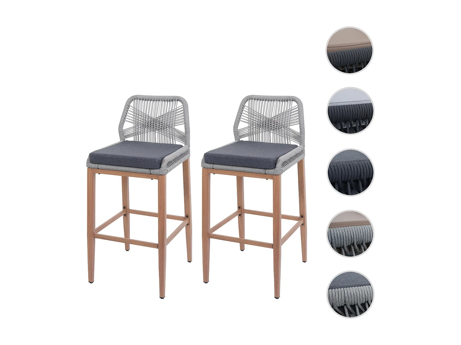 Barhocker MCW-O21 (2er-Set), Hellgrau, Kissen dunkelgrau