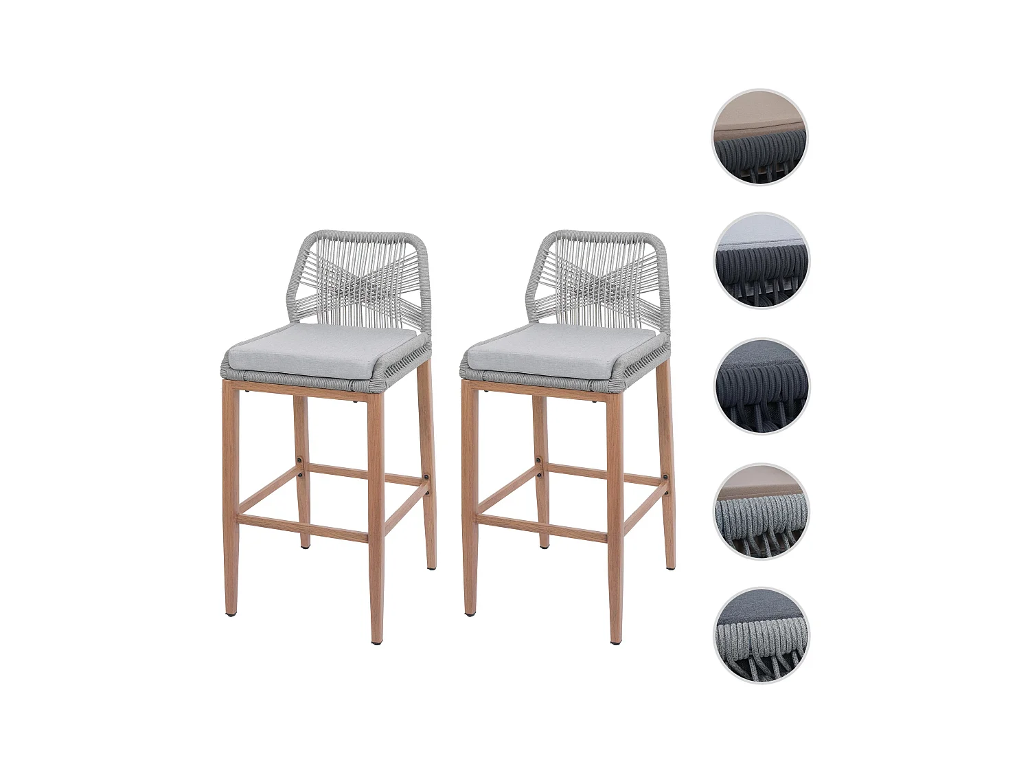 Tabouret de bar MCW-O21 (lot de 2),  gris clair, coussins gris clair