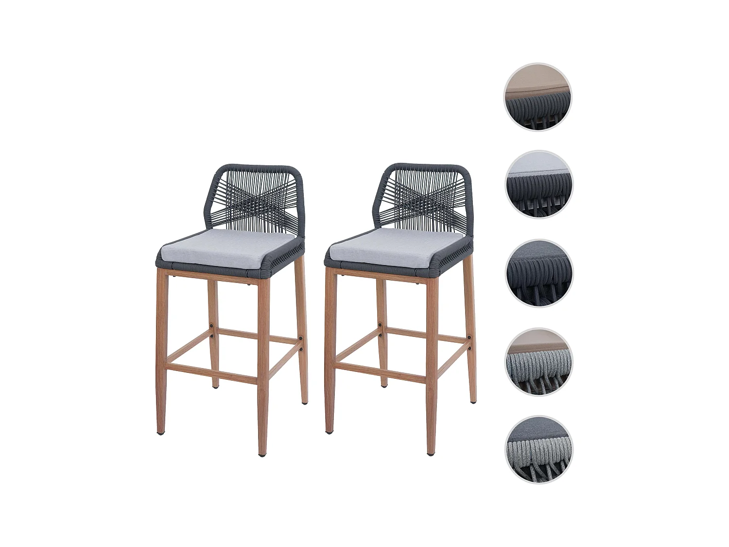 Tabouret de bar MCW-O21 (lot de 2),  anthracite, coussin gris clair