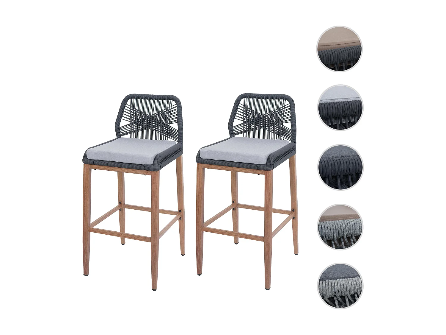 Tabouret de bar MCW-O21 (lot de 2),  anthracite, coussin gris clair