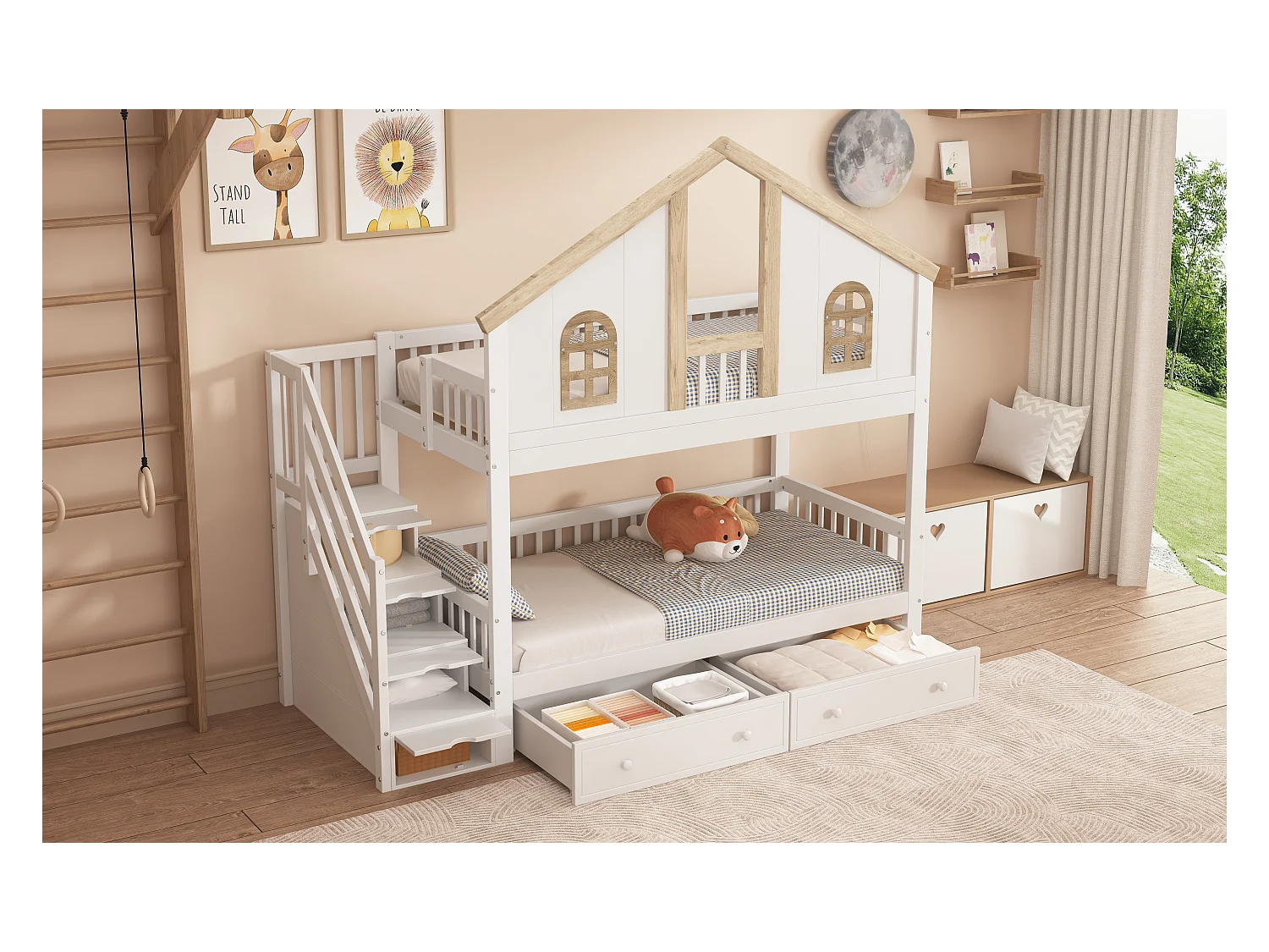 Lit superposé pour enfant - 2 x 90 x 200 cm - avec fenêtre + 2 tiroirs + 4 rangements dans l'escalier - pin + MDF - blanc + naturel