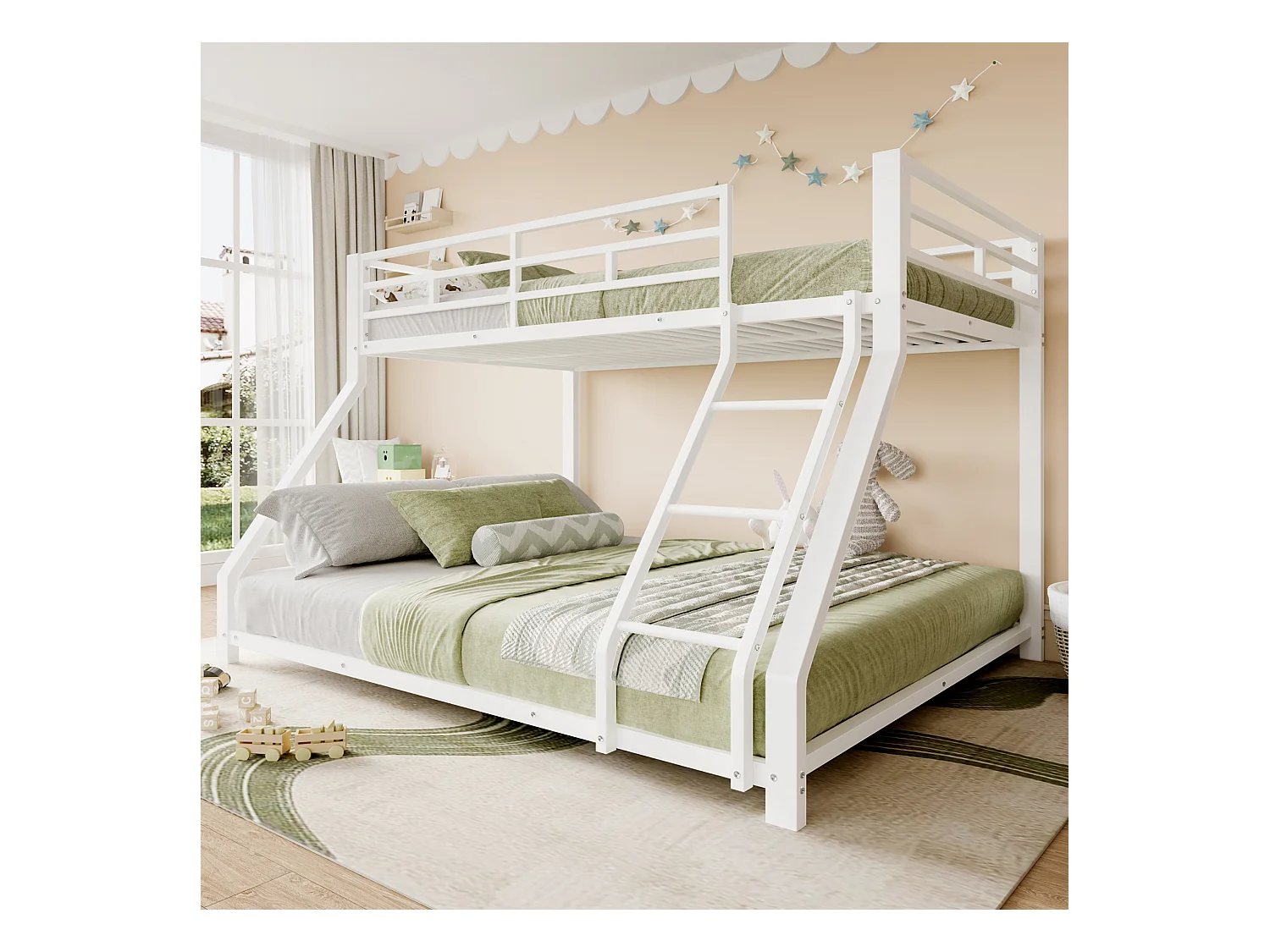 Kinderstapelbed - 90 x 200 cm + 140 x 200 cm - met leuning + opstapje - metaal - wit