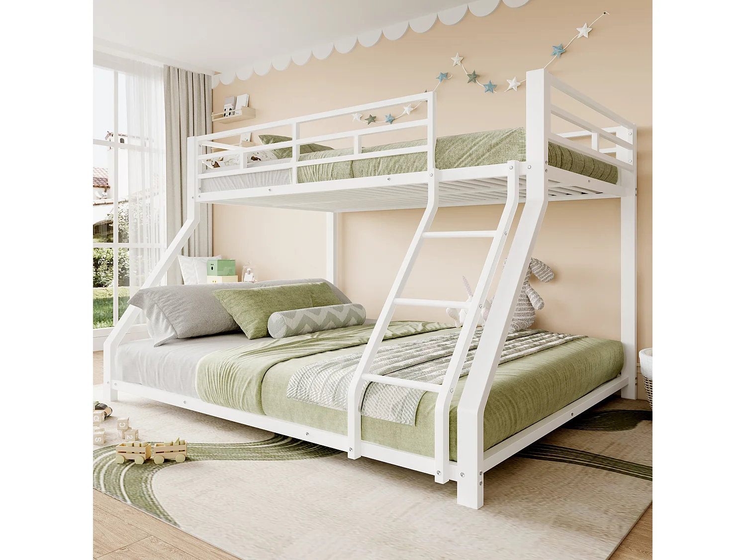 Lit superposé pour enfant - 90 x 200 cm + 140 x 200 cm - avec garde-corps + marchepied - métal - blanc