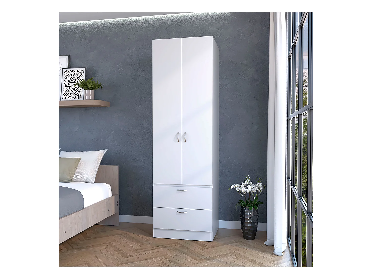 TUHOME Armario alto Mayer en melamina con dos puertas y dos cajones, Blanco