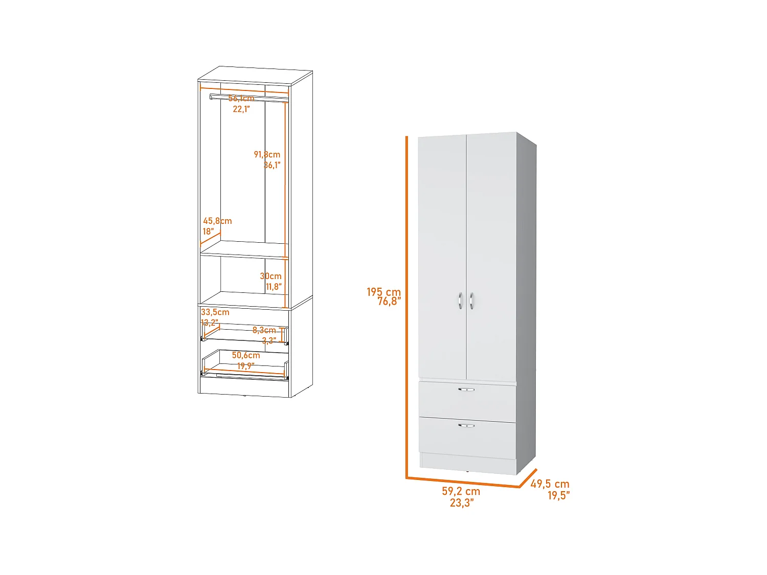 TUHOME Armario alto Mayer en melamina con dos puertas y dos cajones, Blanco